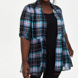TORRID Plaid Chiffon Shirt Kimono Style Sheer Open Front Top Size 2